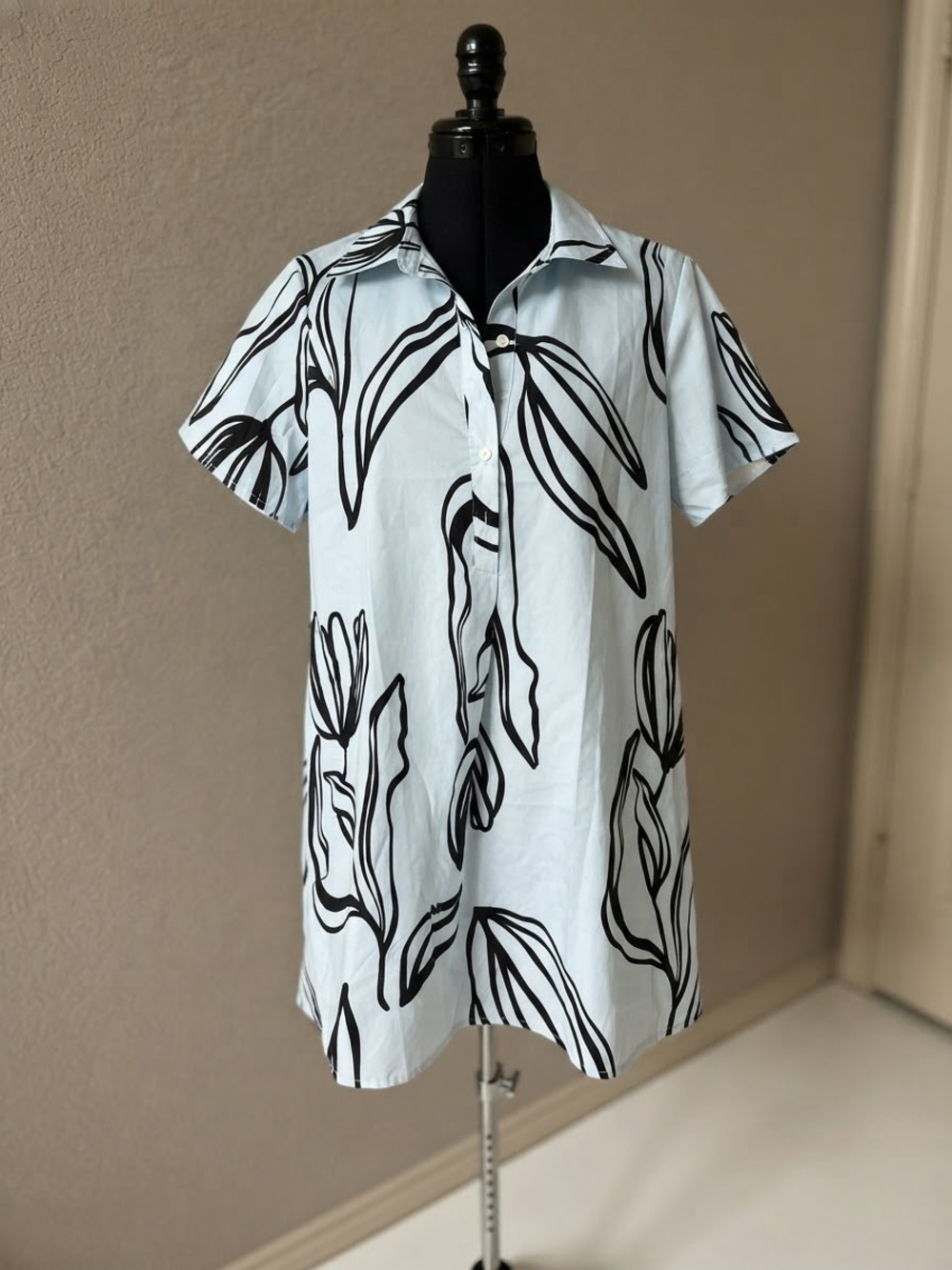 Light Blue Short-Sleeve Shirt Dress with Black Floral Print